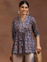 Blue Printed Cotton A-Line Kurti