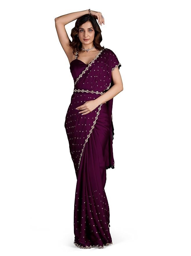 61wMICwqpZL._SY879_.jpg Women's Satin Georgette Siroski Work Saree with Blouse Piece - Image 1